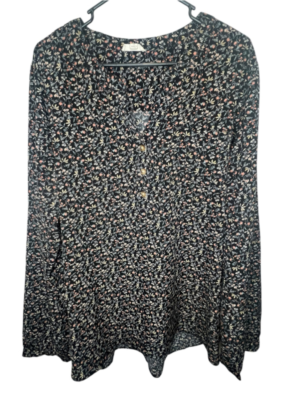 Cotton Bleu Black Floral Henley Loose Fit Long Sleeve Blouse